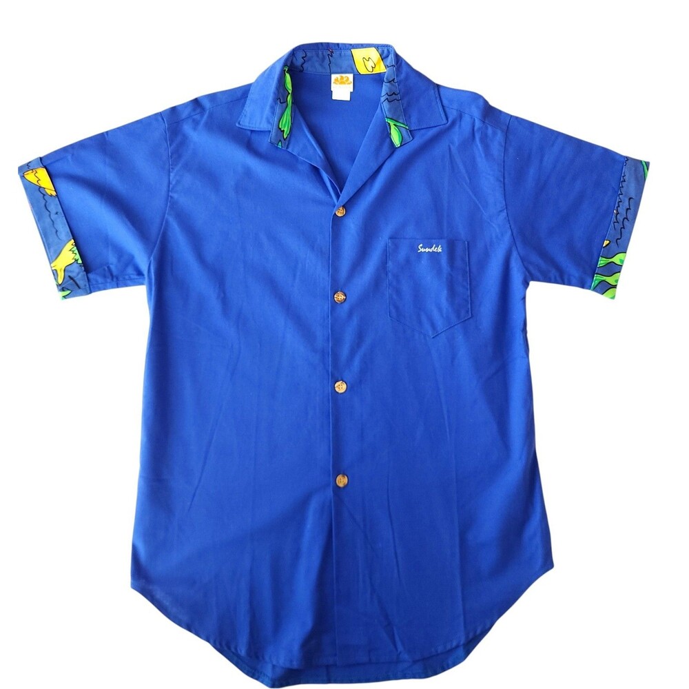 Vintage Sundek SAMPLE Size M Camp Shirt Blue Made In USA Fish Pattern Rare